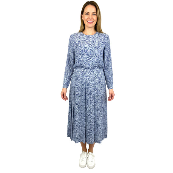 Talbots Dress Blue Floral Dropwaist Pleated Midi Long Sleeves Button Back 12 - Picture 3 of 14